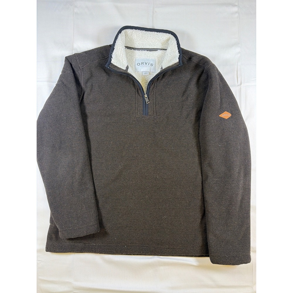 Orvis Mens Brown Sherpa Lined Quarter Zip Pullover Waffle Knit Sweater Large
